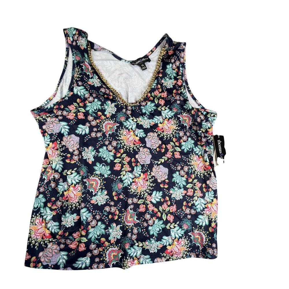 Thomas & Olivia Tank Top Womens XL Admiral Navy Floral Chain Trim Jersey